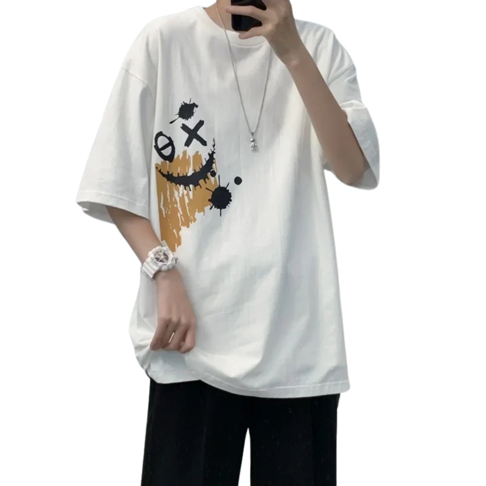 חולצת טי אוברסייז עם הדפס סמיילי גרפי - GUTTE